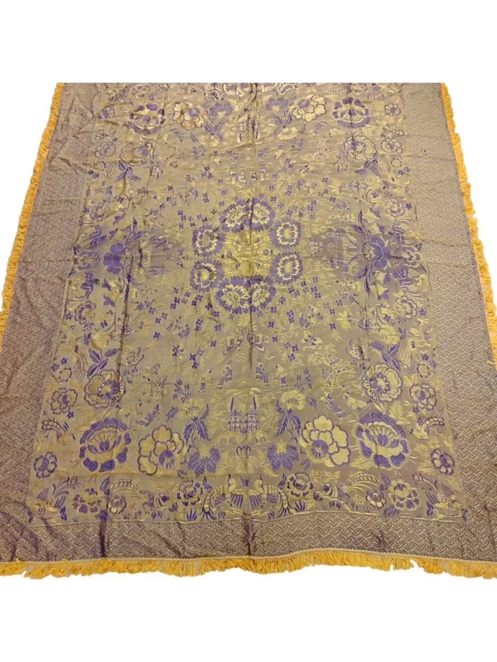Vintage Bed Cover Purple & Gold Asian Design Polyester 82 X 94